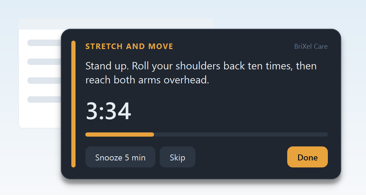 BriXel Care stretch break popup with an amber accent and a longer countdown