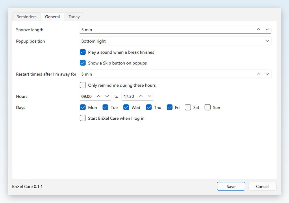 BriXel Care general settings: snooze length, popup position, working hours and days, start at login