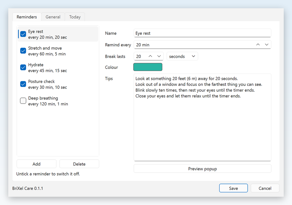 BriXel Care settings window listing five reminders with name, interval, break length, colour and tips